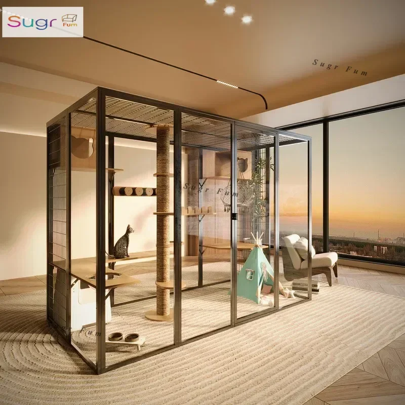 

Panoramic cat villa cat cage customization free three-layer oversized household solid wood villa large indoor glass cat room