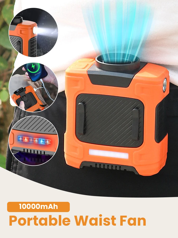 

Portable Silent Waist Fan USB Charging Neck Fan Outdoor Sports Cooling Waist Clip Fan Mobile 3 In 1 Mobile Power Emergency Light