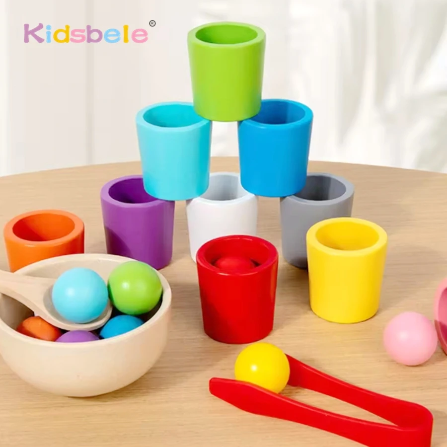 

Kids Wooden 10 Rainbow Balls Cups Matching Game Montessori Multicolor Hand-Eye Coordination Training Sensory Toys Christmas Gift