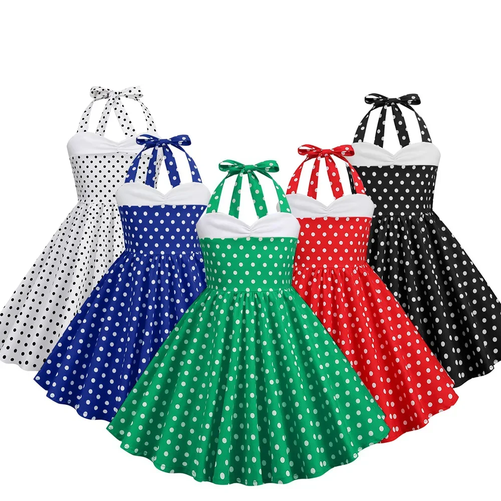 

3-8Y Children's Dress With Hang Neck and Patchwork Polka Dot Children's Dress School Stage Performance Prom Dress Princess Cos