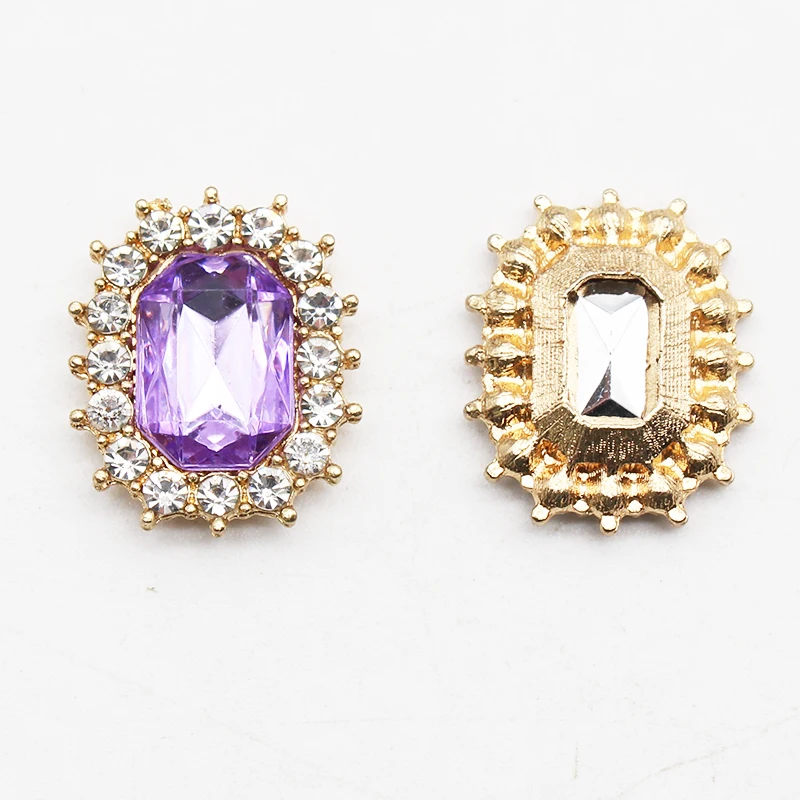 10Pcs 21*18mm Rectangular Acrylic Flat Bottom Rhinestone Alloy Buttons Garment Decoration DIY Gold Plated Jewelry Accessories