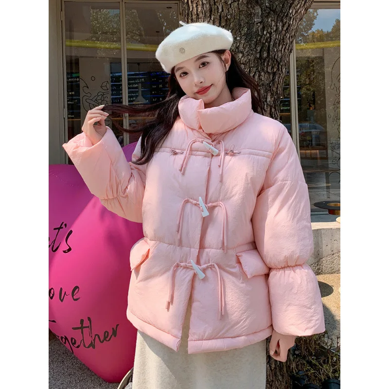 New Women Short Down Cotton Jacket Korean Loose Cow Horn Button Cotton Jacket Bread Autumn Winter Fashion Thick Student Coat