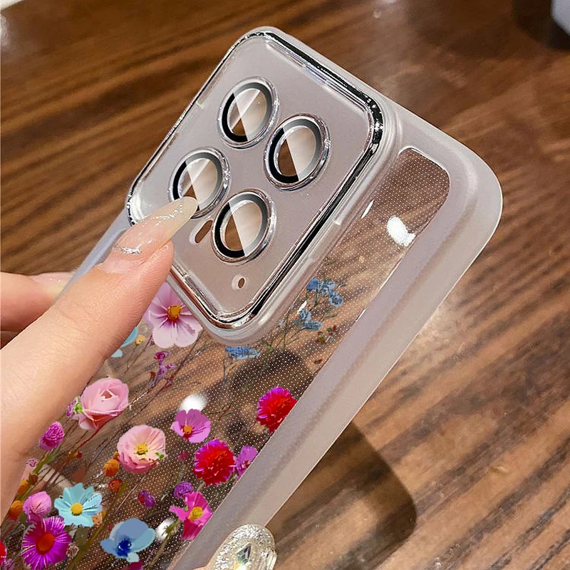 Transparent Flowers Print Phone Case For Xiaomi Poco X6 13T Pro Redmi Note 12 Pro 5G Shockproof Lens Protection Silicone Cover