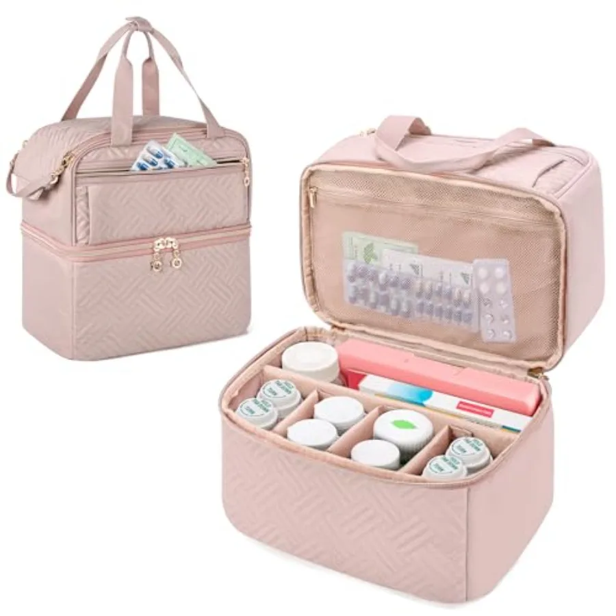 

Double Layers Pill Bottle Organizer Empty Lockable Medicine Storage Bag Medication Travel Bag with 4 Customized Dividers for Pr