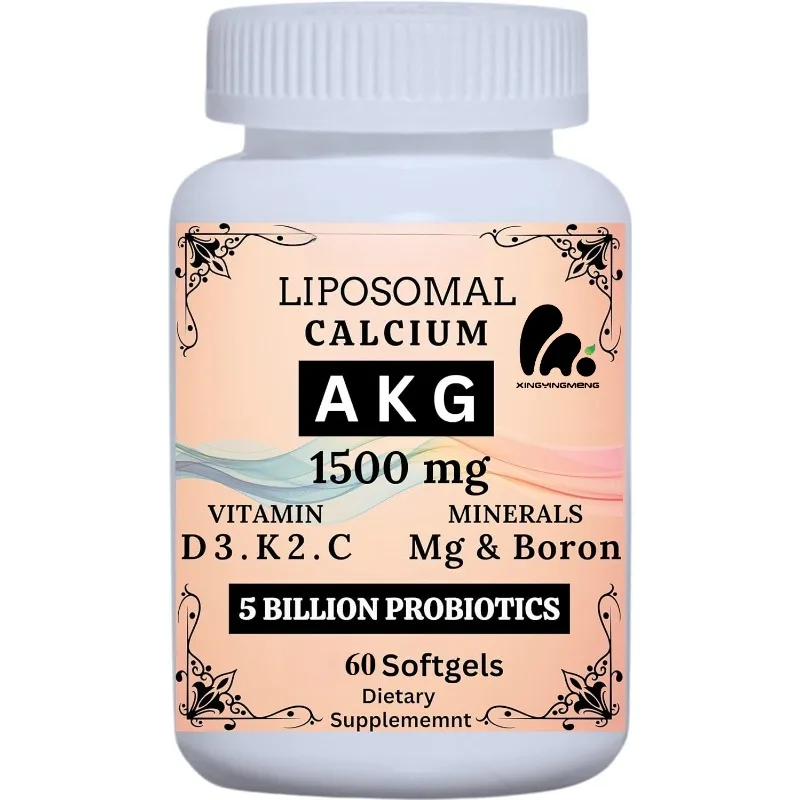Calcio liposomal AKG 1500mg, vitamina C, D3, K2, calcio, magnesio y suplementos probióticos -60 cápsulas blandas