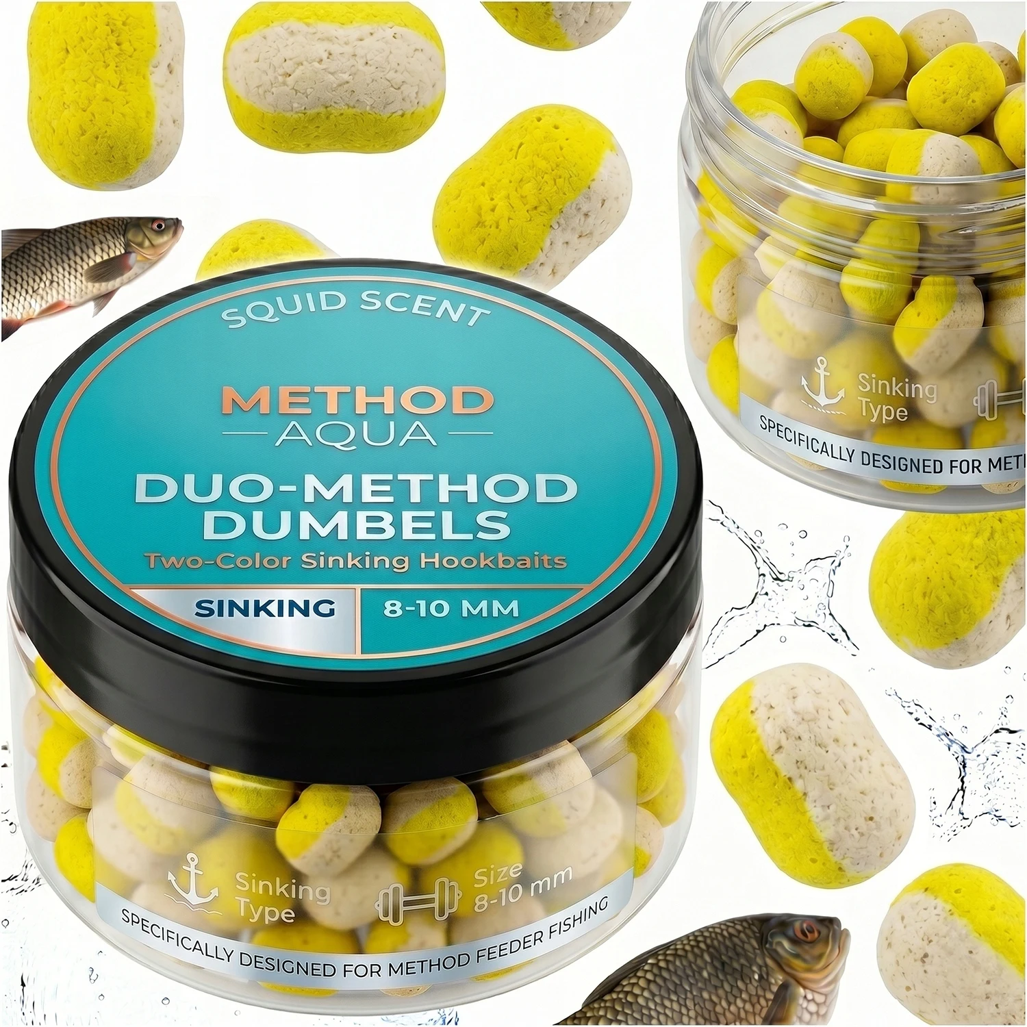 Method Feeder Dumbbell Boilies Duo Kleur Zinkende Scopex Squid 8-10mm 50g, Tweekleurig Tweekleurig Aas voor Karpervissen, Klaar om te gebruiken Ground Hair Rig Aas, Zinkende Feeder Boilies voor Karper