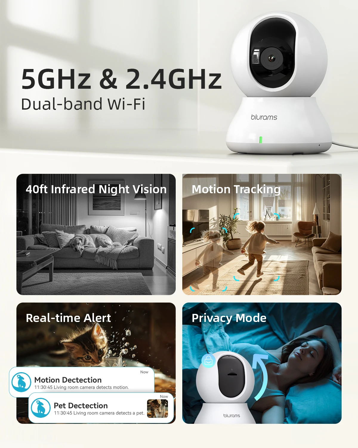 Blurams 2K 5GHz/2.4GHz Indoor Camera for Home Security, 360° PTZ Pet Dog Camera with Phone App, 2-Way Talk, Night Vision, Siren