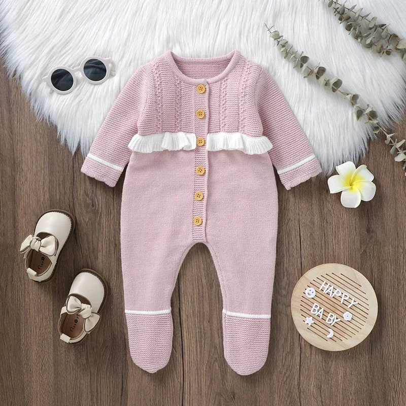 Newborn Infant Pink Outwear Jumpsuits Playsuits Knit Children Outfits 0-18m Casual Long Sleeves Baby Girls Rompers Clothes 0-18m