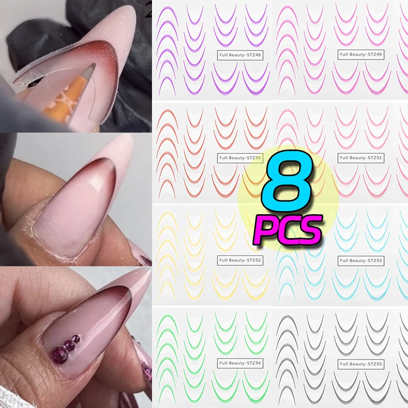 Rose Red Gradient French Nail Sticker Set Colorful Stripe Line Designs Nail Tips Decals DIY Nail Art Transfer Sliders Decoration