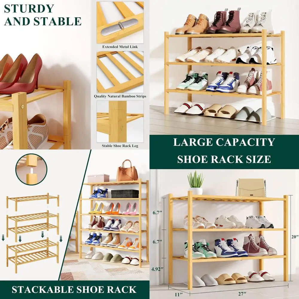 

Stackable 3-Tier Bamboo Shoe Storage Organizer, Natural Wooden Rack for Entryway & Closet