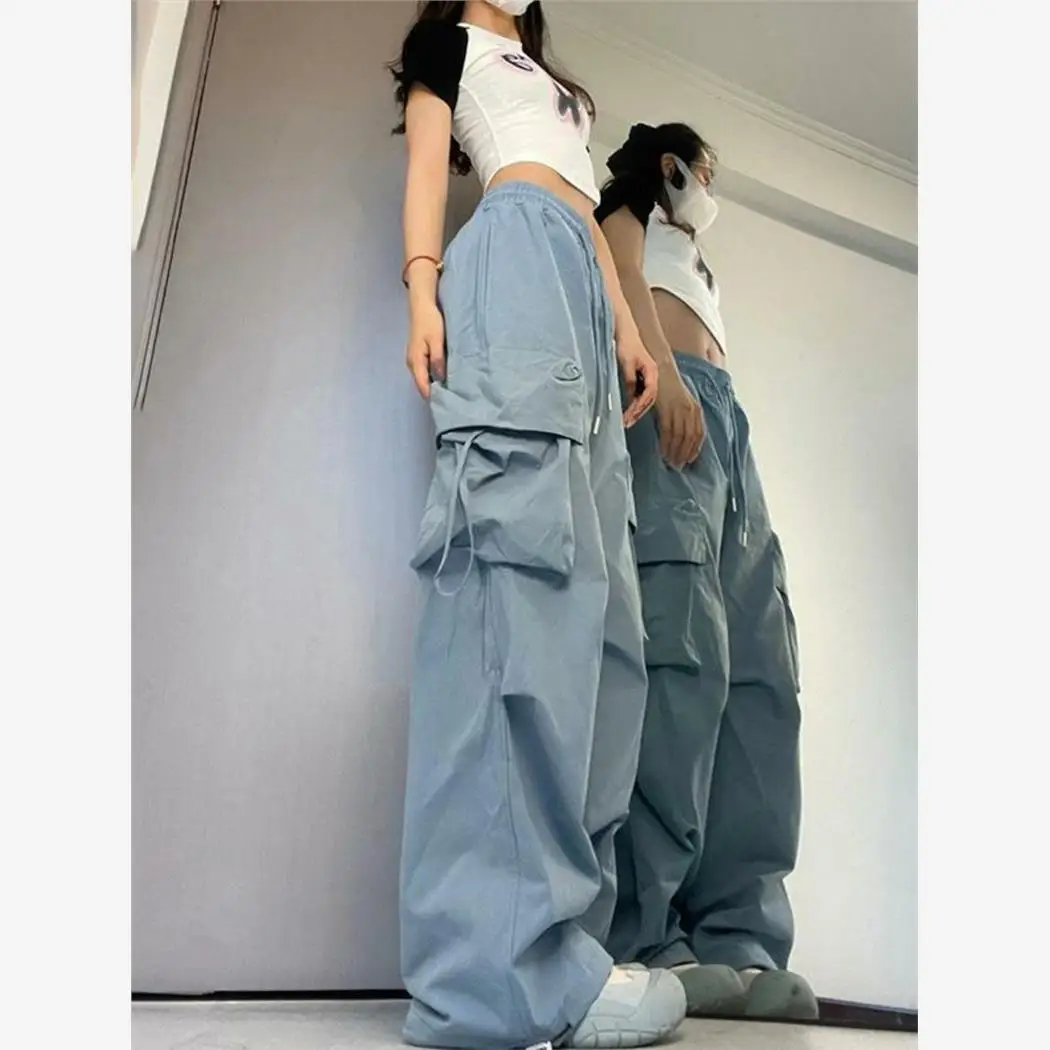 여성 캐주얼 하이 웨이스트 와이드 레그 팬츠 편안한 긴 바지 패셔너블한 케트 디테일 폴리에스테르 혼방 여름 2023