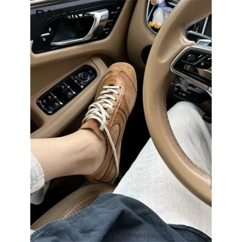 Comfortable European genuine leather high niche retro German training shoes women summer breathable flat sole sports board shoes