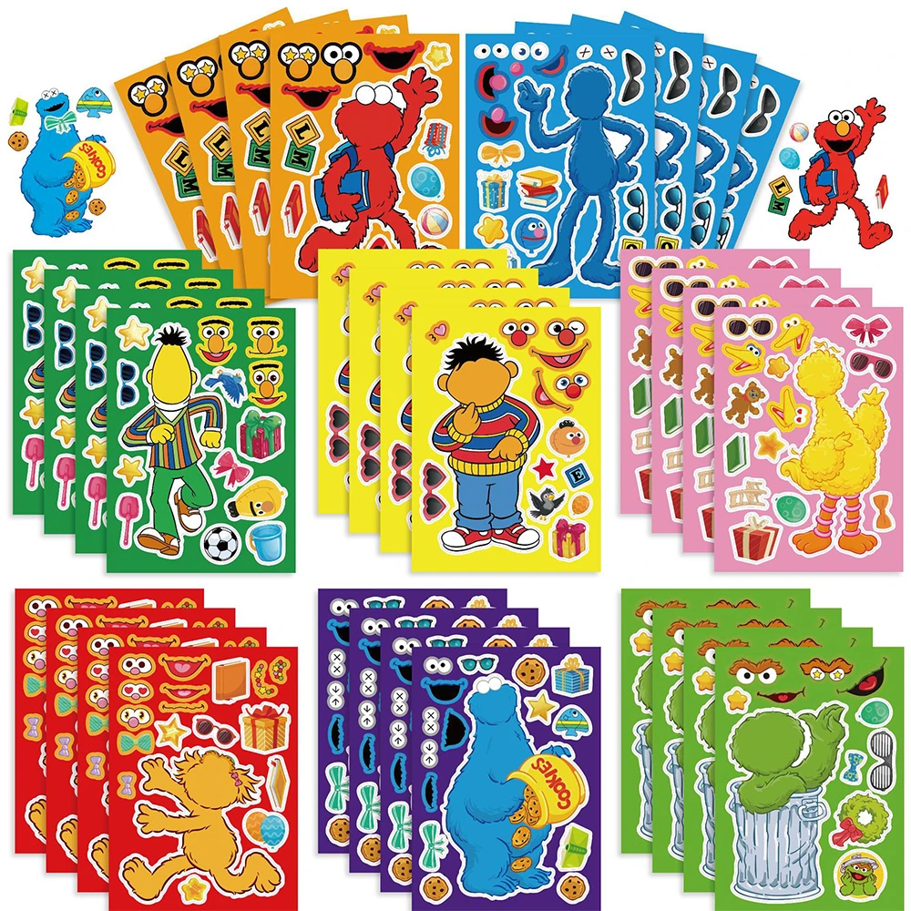 8/16Sheets Make a Face Sesame Street Puzzle Stickers Cartoon Assemble Jigsaw For Kids Boys Girls Party DIY Education Toys Gifts