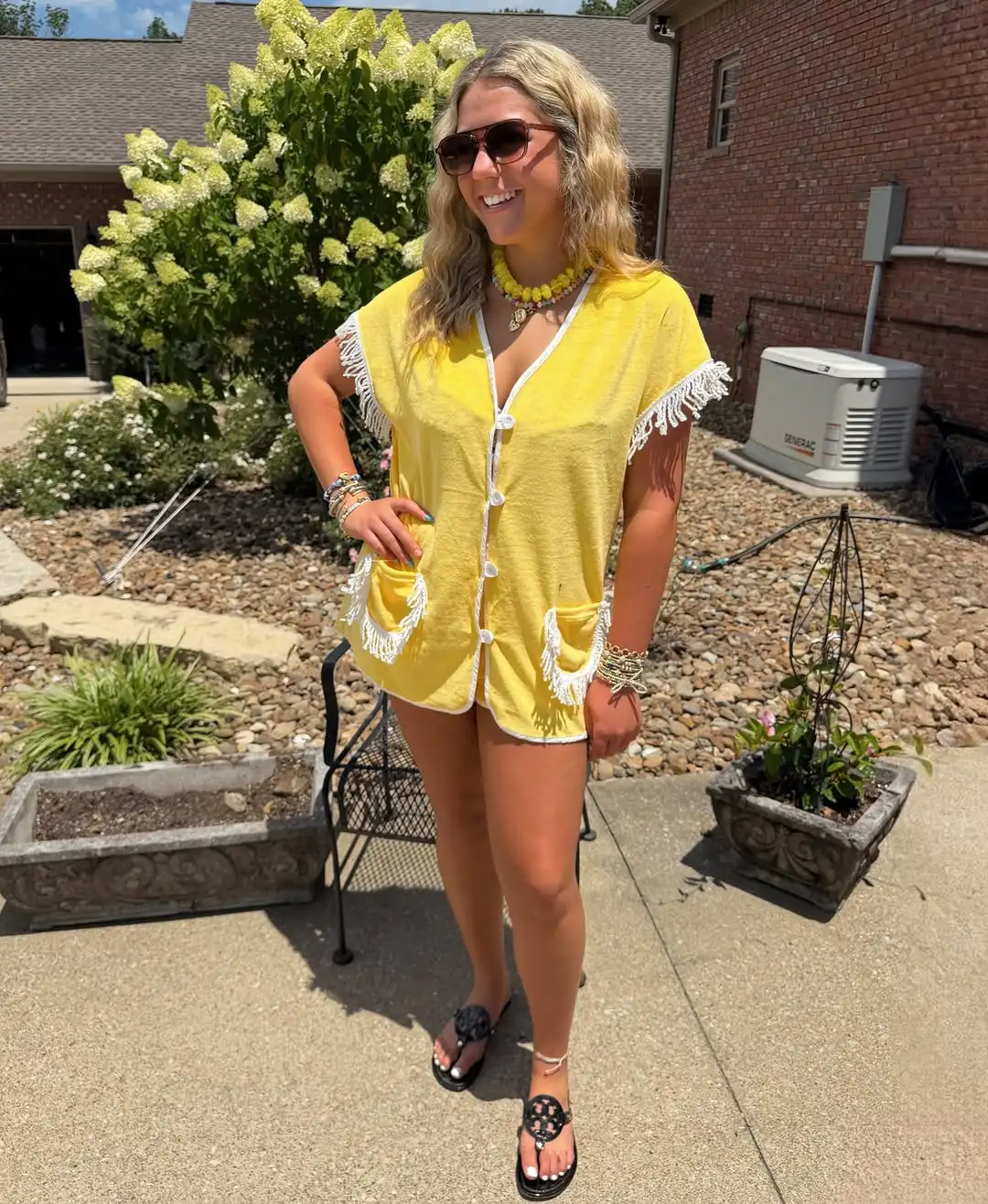 Bright Yellow Fringe Terry Cloth Beach Cover Up Shirt Women V Neck Short Sleeve Pocket Loose Swim Pool Resort Vacation Casual
