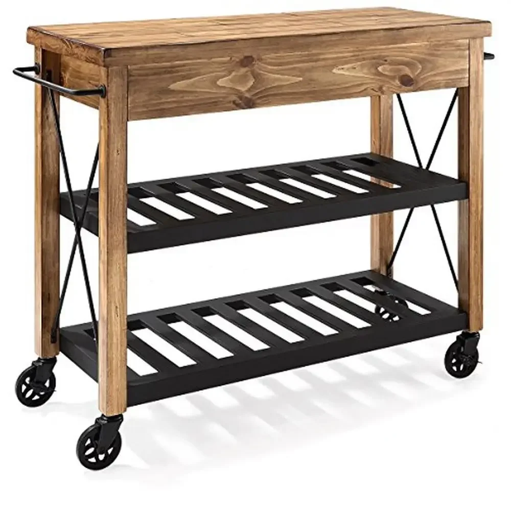Industrial Rolling Kitchen Cart with Solid Pine Top and Steel Shelves Two Drawers Natural Wood Veneer Construction Heavy Duty image 6