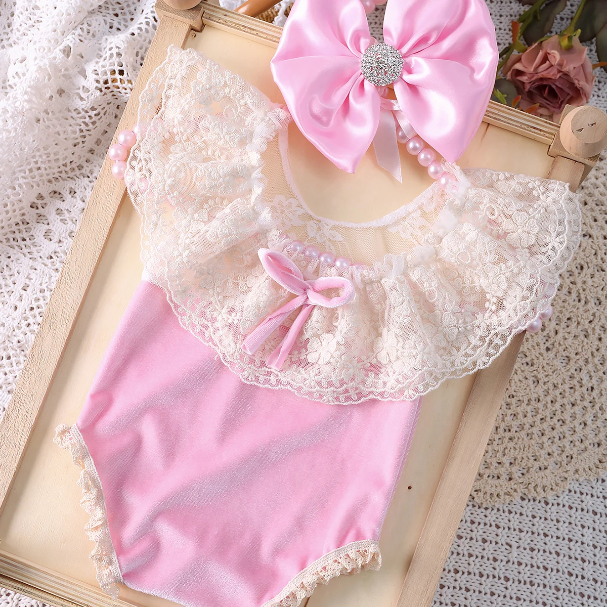 Ylsteed Newborn Girl Lace Romper for Photoshoot Baby Big Bow Rhinestone Hairband Infant Photography Outfit Picture Props