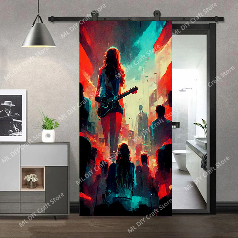 

Cool Current Music Door Stickers Adhesive Photo Wallpaper Living Room DIY Full Door Mural Cover Art Poster Home Door Wallpaper