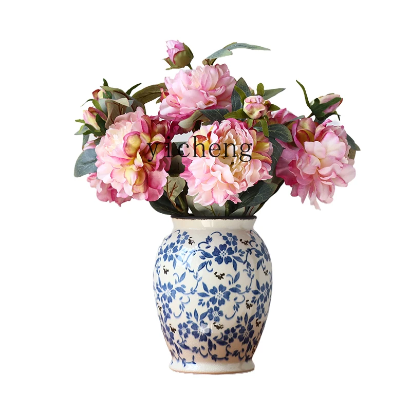 

ZK new Chinese blue and white porcelain vase ornament home bucket cabinet TV cabinet flower utensils dried flower vase