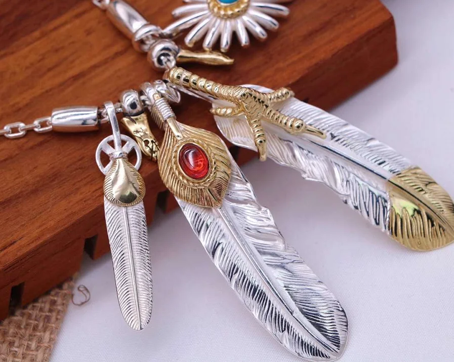 Japanese and Korean trendy S925 sterling silver feather necklace pendant Indian trendy popular versatile T-shirt sweater chain