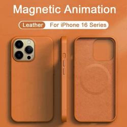 Luxury For Magsafe Leather Case For Apple iPhone 16 Pro Max Plus Magnetic Animation Wireless Charge Shockproof Cover Accessories