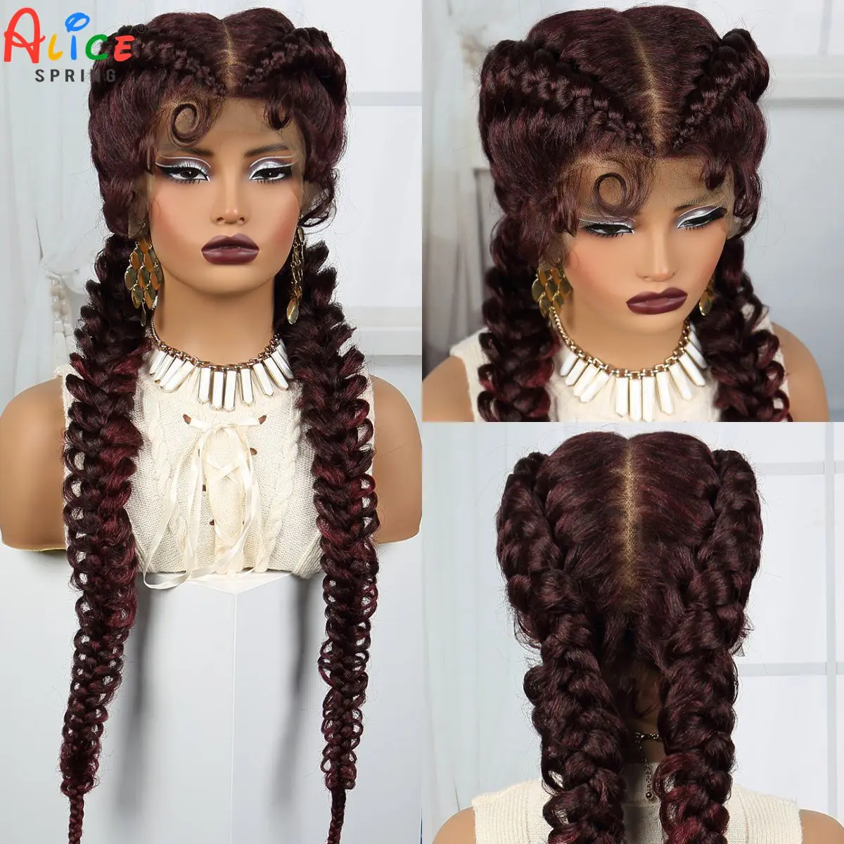 

36inch Burgundy 99J# Twisted Braided Wigs Synthetic Lace Frontal Cornrow Braided Wigs with Baby Hair for Black Women