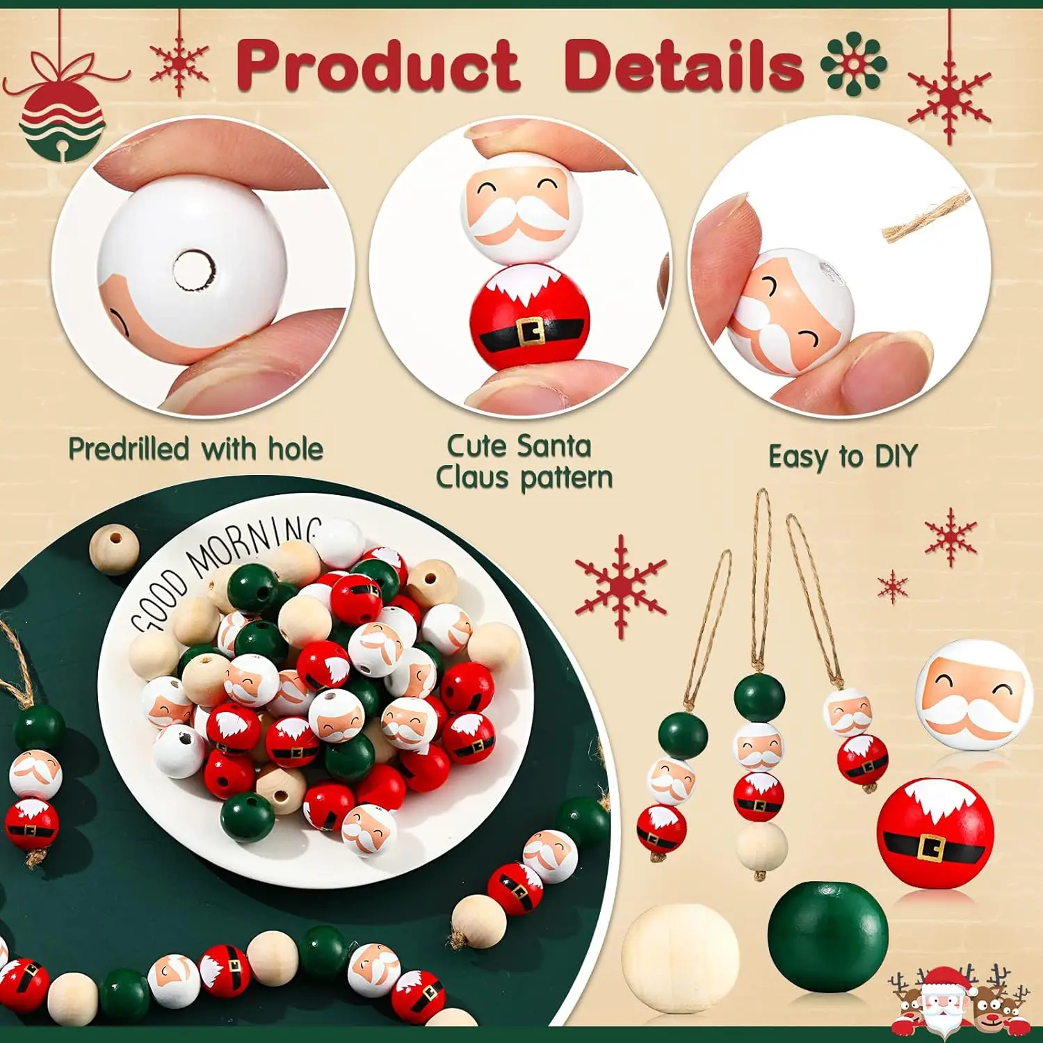 

DIY Cute Santa Claus Decorative Spacer Wood Bead Set Christmas Home Decoration Wood Bead Combination Used For Beaded Jewelry