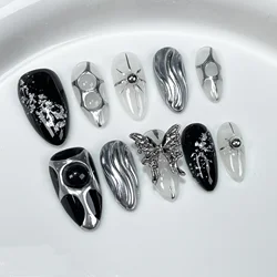 Dark Blue Cat Eye Fake Nails Medium Almond False Nails Press on With Hand Drawn Metal Lines Wearable Full Cover Almond Nail Tips