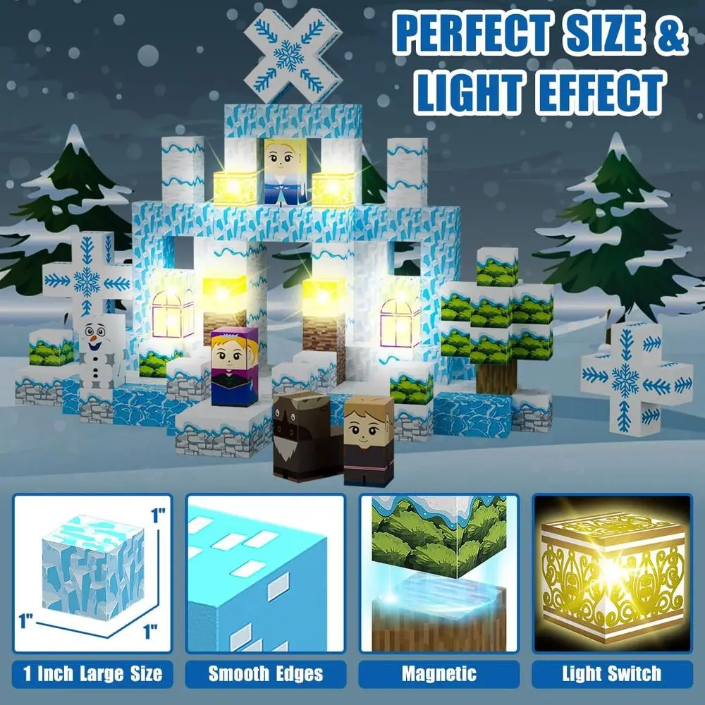 100ピースの磁気ブロック、光るタイル付き、3D雪の世界テーマ、3歳以上のお子様向けの教育STEM玩具