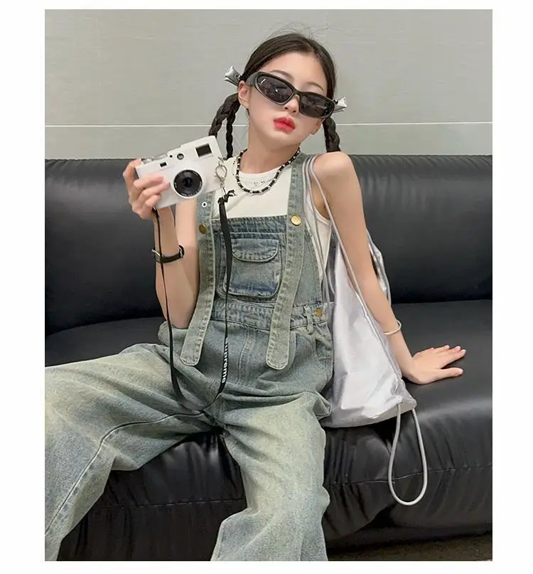 Girls\' Overalls Summer Children\'s Jeans Fashionable and Versatile Mid Size Kids Pants Pocket Splicing Street Style Trousers