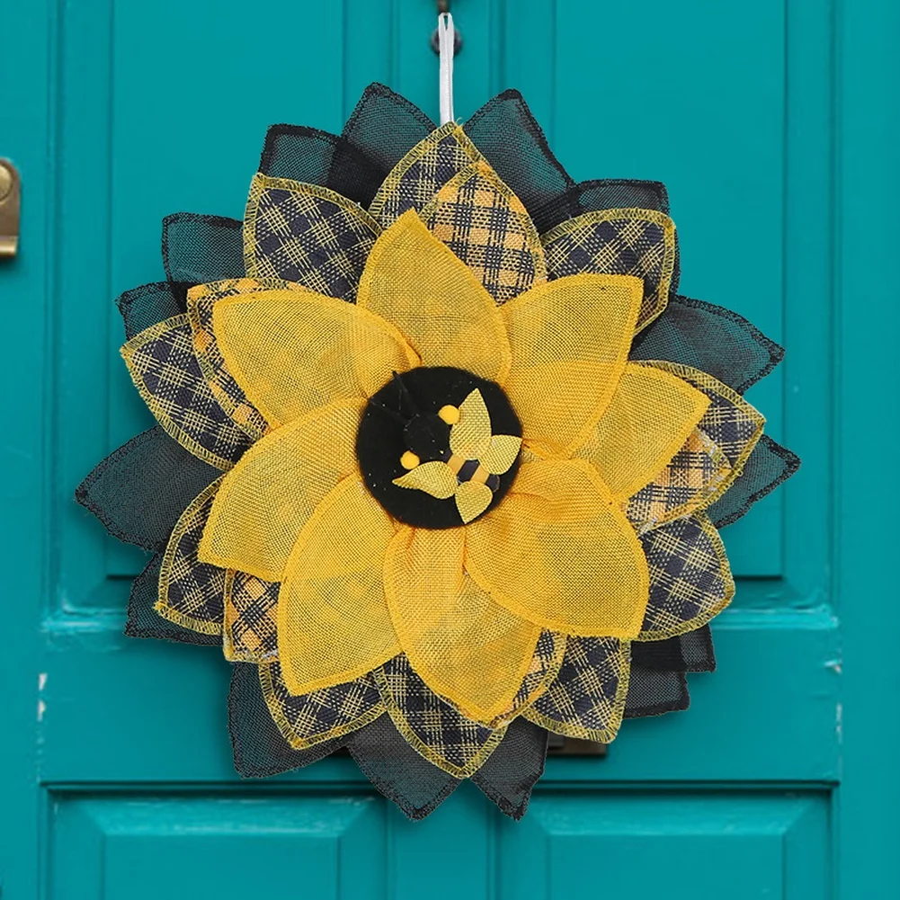 Sunflower Wreath 40x40cm Green Orange Cloth Spring Bee Mesh Door Hanging Lightweight Wall Decor for Indoor Use
