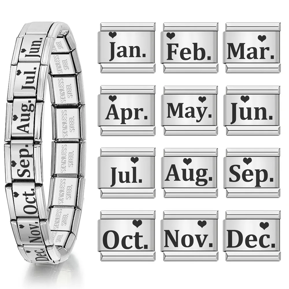 Großhandel Mode Laser Charms Hand Kette 12 Monate Edelstahl Italienische Links Fit 9mm Schmuck Machen DIY Frauen Männer armbänder – Detail 1