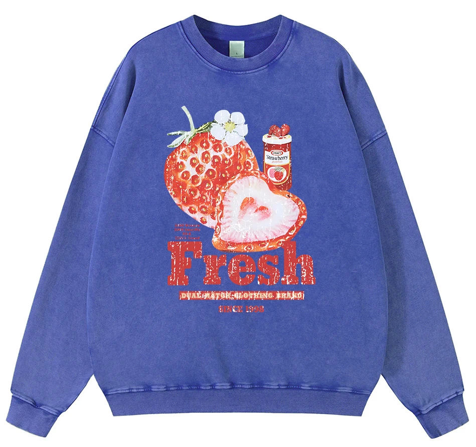 Fresh Strawberry American Retro Mens Vintage Washed Cotton Sweatshirt Casual Loose Fashion Pullover Hoodie Simple Fur-Liner