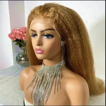 Preplucked Soft Yaki Honey Blonde Brown 30Inch Long Kinky Straight Lace Front Wig For Black Women Baby Hair Synthetic Glueless