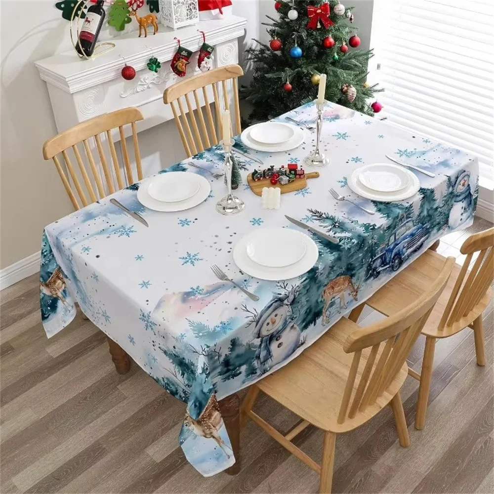 Christmas White Snowman Pattern Rectangle Tablecloth Table Decor Waterproof Tablecloth for Table Christmas Party Decorations