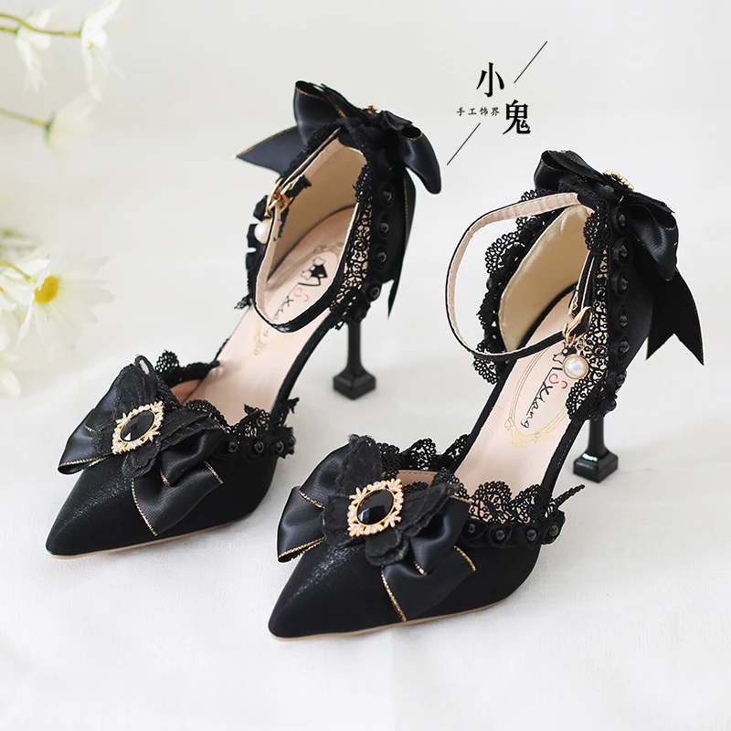 Elegant Lolita Handmade Black Butterfly Lace High Heels Pointed Adult Flower Wedding Shoes Fine Heel Shoes