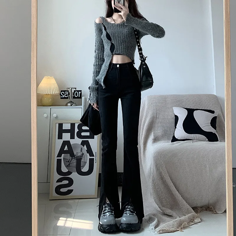 

Popular New High-quality Cool Girl Black and Blue Split Jeans Spicy Girl High Waist Slimming Floor Hugging Slightly Flared Pants