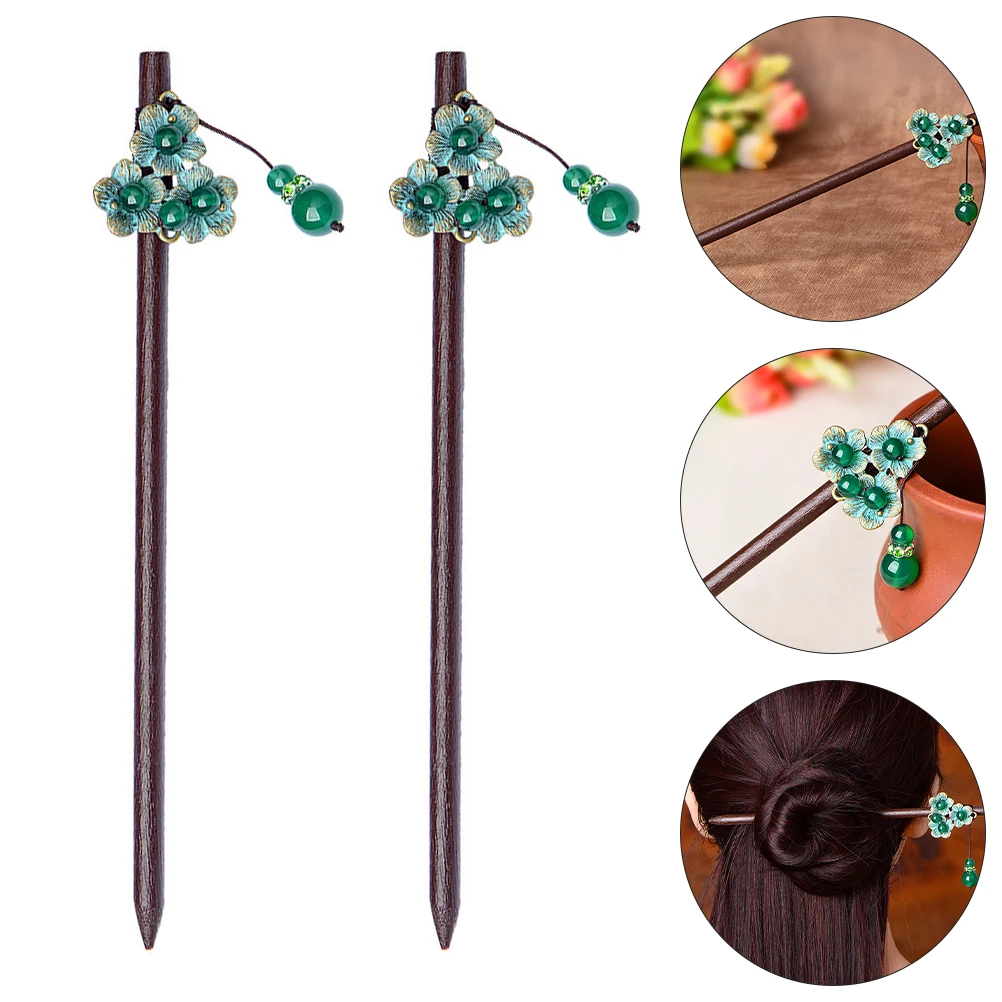 

2pcs Classical Green Bead Sticks Retro Style Women Chopsticks Elegant Hair Forks Ancient Chinese Hairpins Smooth Ebony Material