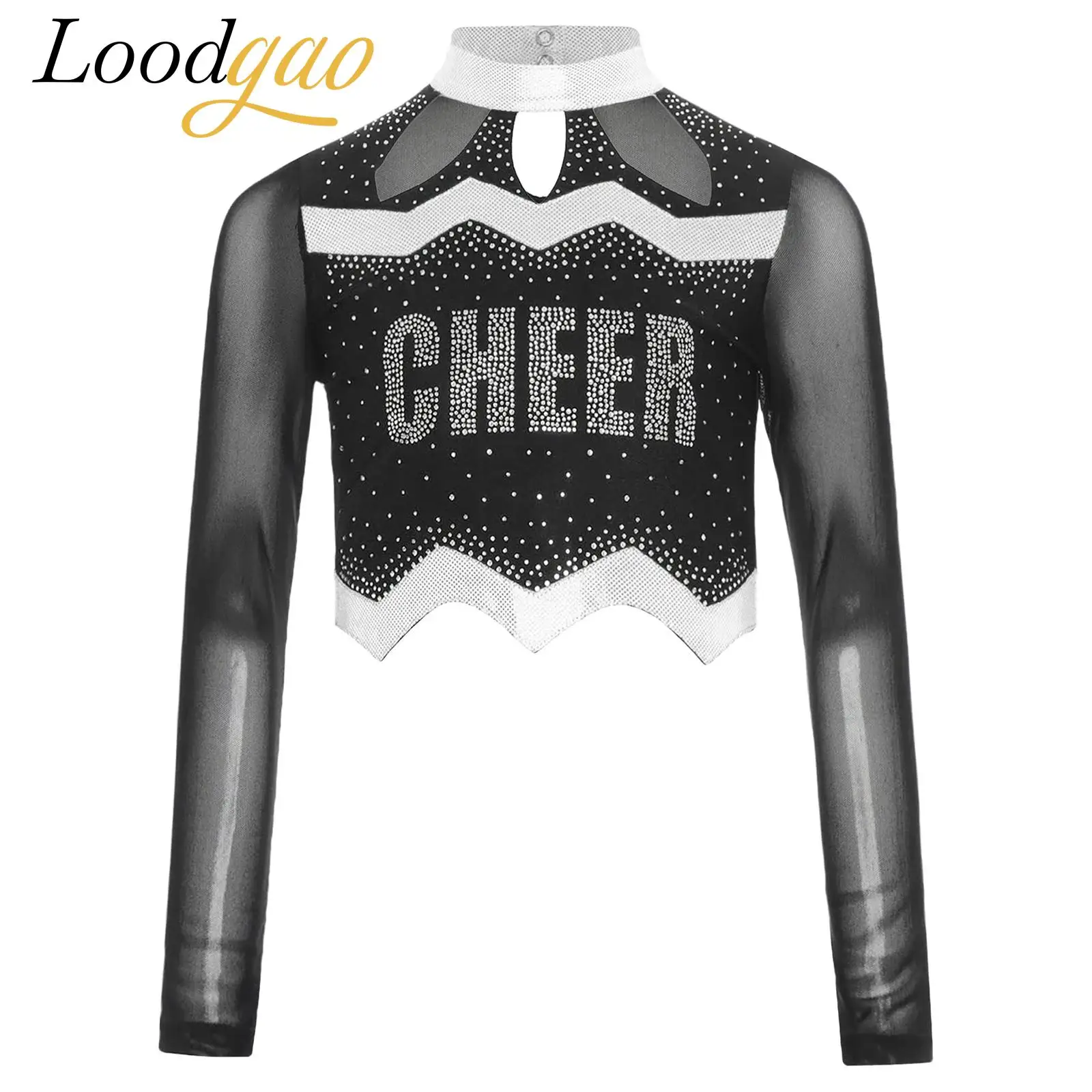 

Girl Cosplay Cheeing Team Costume Mesh Patchwork Sport Cheer Uniform Top Cheer Leader Clothes Shiny Rhinestone Dance Crop Top