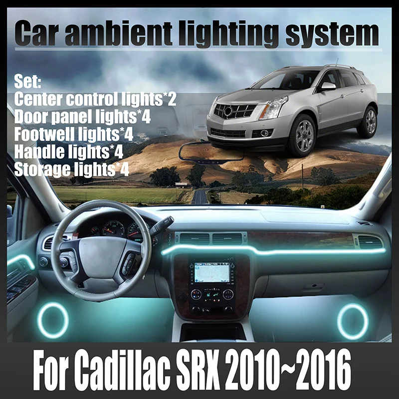 Luces LED Ambientales para Cadillac SRX 2010~2016 MK2, Luces de Atmósfera Coloridas, Tira de Neón Interior para Auto, Iluminación RGB de 64 Colores