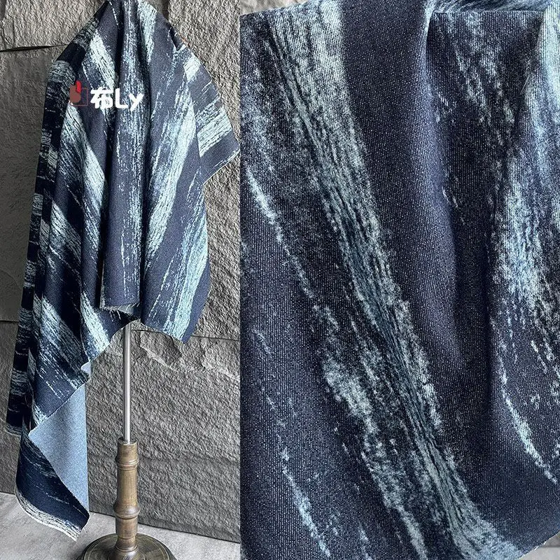 

Dark blue river grinding high-end denim fabric creative DIY bag pants clothing designer fabric transformation