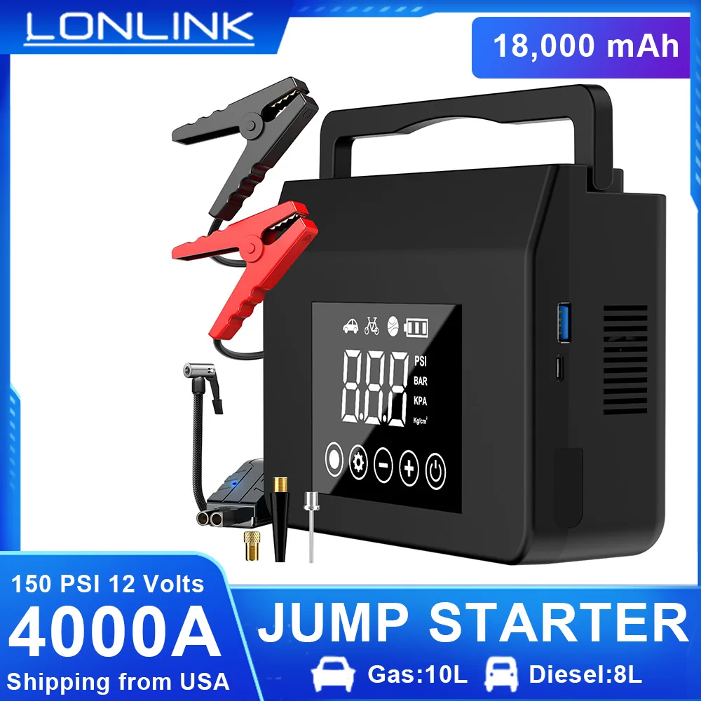 LONLINK Car Jump Starter Air Pump Portable Air Compressor 150PSI 4000A Fast Battery Jump Starter Charger Type-C Quick Charge