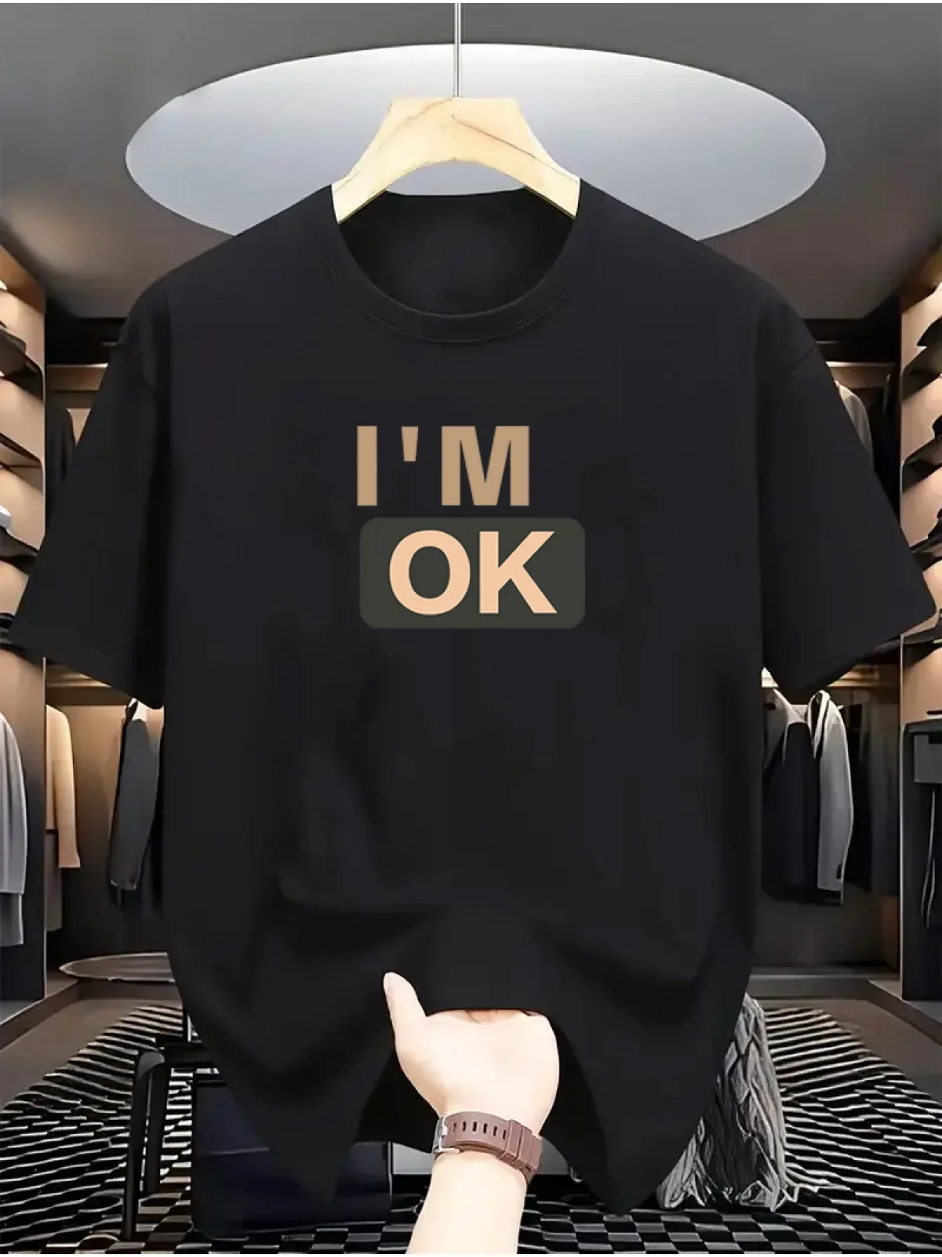 تي شيرت رجالي صيفي 100% من القطن الخالص كاجوال عصري فضفاض بنمط I'm OK مطبوع برقبة دائرية وأكمام قصيرة #3