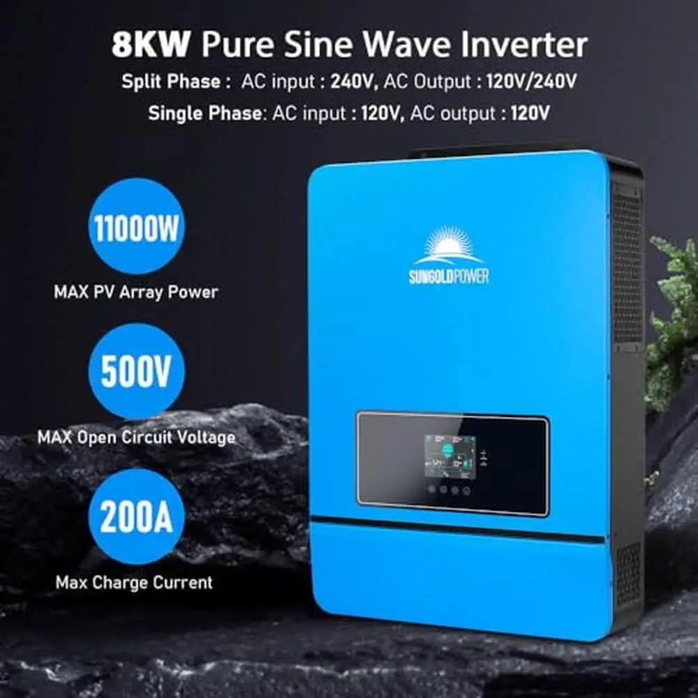 8000W SUNGOLDPOWER Hybrid Solar Inverter with 2 MPPT Controllers 120V/240V Output WiFi Module Parallel Capability 500VDC Open