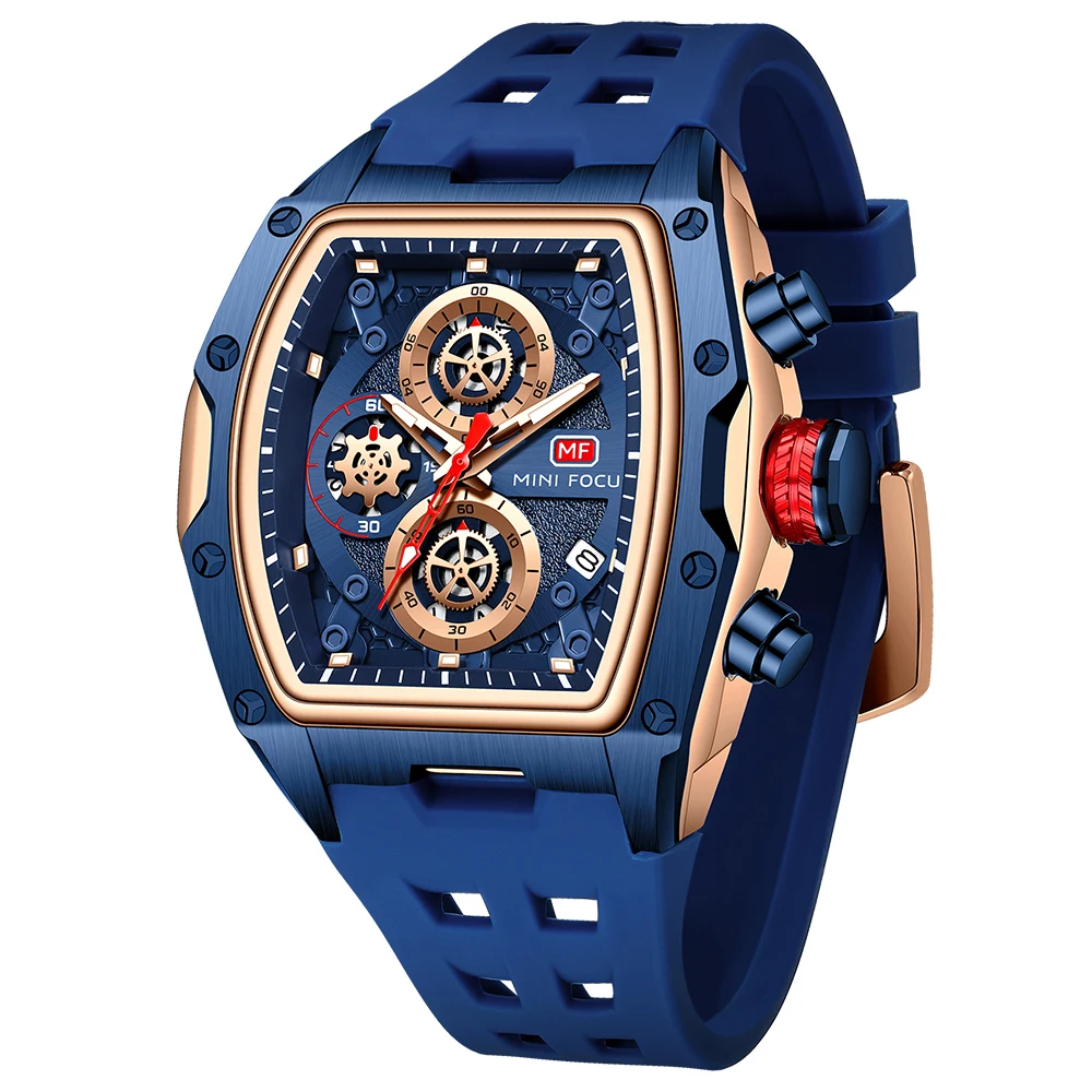 MINI FOCUS Men's Barrel Skeleton Dial Quartz Watch Luminous Sports Wristwatch