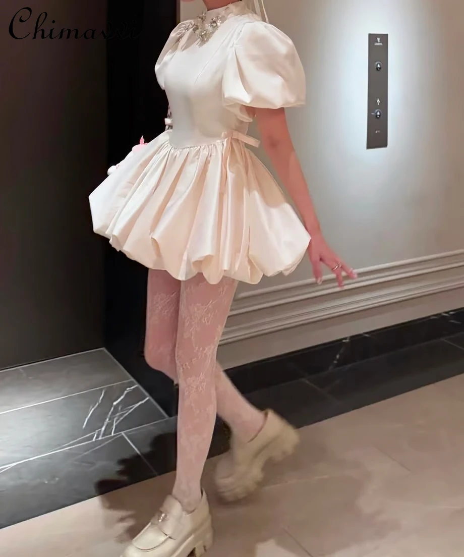 Japanese Sweet Sexy Backless Satin Short Princess Dress 2025 New Fashion Bubble Sleeve Slim Birthday Party Puffy Dress Women