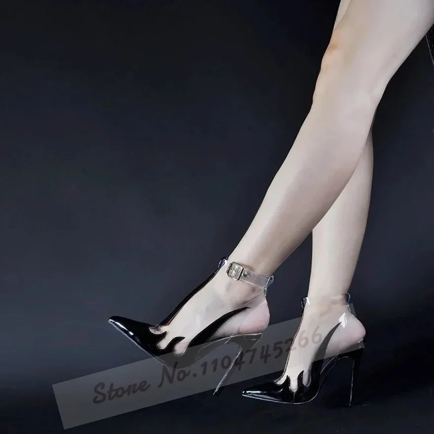 Frauen Hologramm Schlange PVC Transparente Schuhe Stiletto Heels Spitz Patchwork Sandalen T-Riemen Schnalle Flache Bankett Schuhe