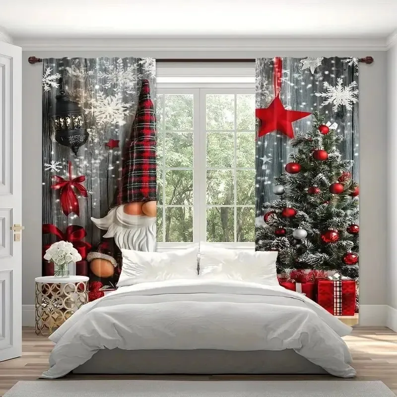 2PCS Digital Print Curtain, Christmas Gnome with Red Plaid Hat and Tree, Gifts and Stars on Wood, for Bedroom Window Decoration