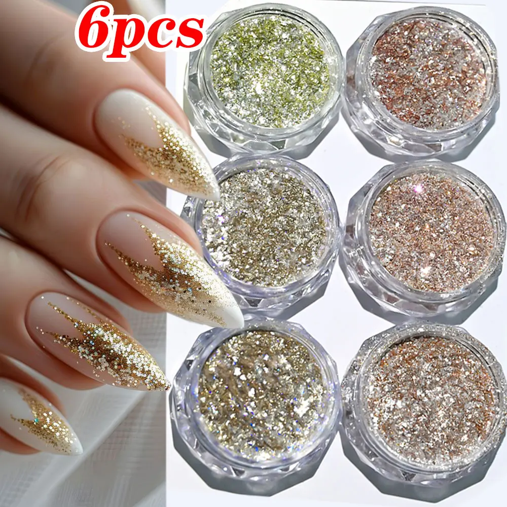 6Jars/set Shiny Crystal Opal Flake Nail Powder Gold Iridescent Paillette Chrome Nail Pigment Nail Art Glitter Sequins Nail Rubbi