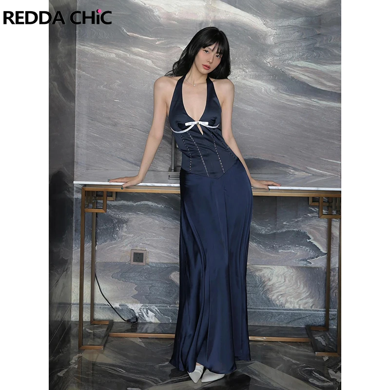 Reddachic arco mergulhando feminino maxi vestido longo cetim azul marinho com tiras halter oco decote em v sem costas formal vestido de festa de baile