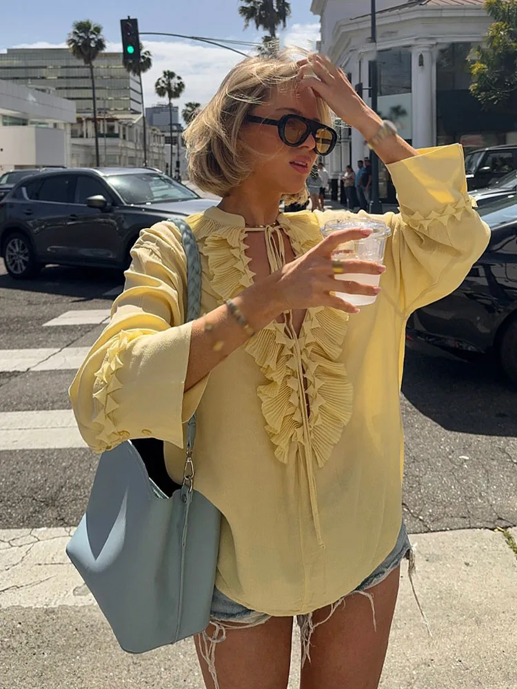 Yellow V-Neck Casual Blouse for Women